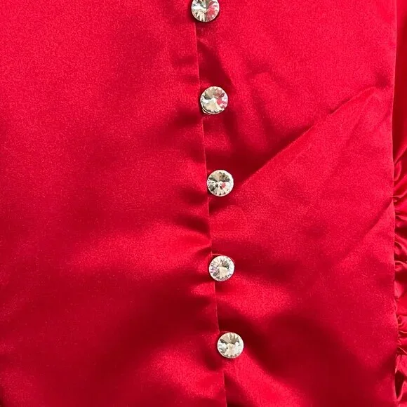 Vintage J.R.NITES Red Satin Blouse 14W Plus Size Evening Top Crystal Button - Picture 4 of 11